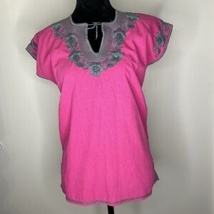 Pink and Gray Floral Embroidered Women's Blouse. Mexican Tunic Blouson Top